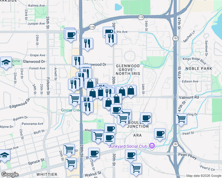 map of restaurants, bars, coffee shops, grocery stores, and more near 3065 30th Street in Boulder