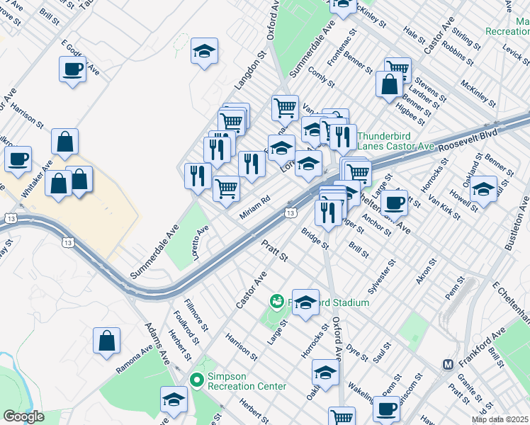 map of restaurants, bars, coffee shops, grocery stores, and more near 5300 Roosevelt Boulevard in Philadelphia