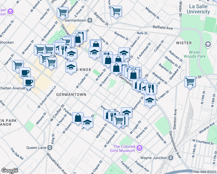 map of restaurants, bars, coffee shops, grocery stores, and more near 56 West Queen Lane in Philadelphia