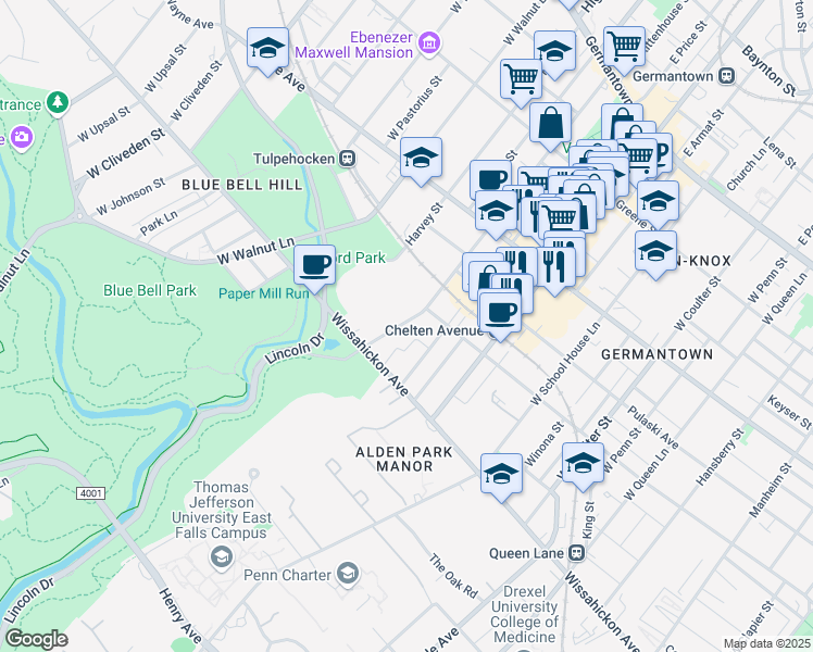map of restaurants, bars, coffee shops, grocery stores, and more near 633 West Rittenhouse Street in Philadelphia