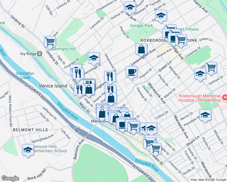 map of restaurants, bars, coffee shops, grocery stores, and more near 227 Krams Avenue in Philadelphia