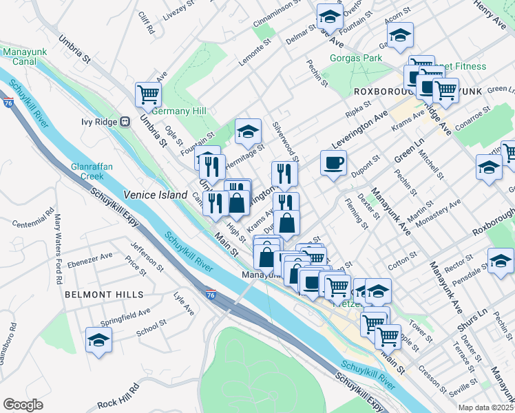 map of restaurants, bars, coffee shops, grocery stores, and more near 148 Leverington Avenue in Philadelphia