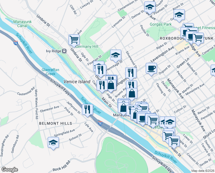 map of restaurants, bars, coffee shops, grocery stores, and more near 107 Ripka Street in Philadelphia