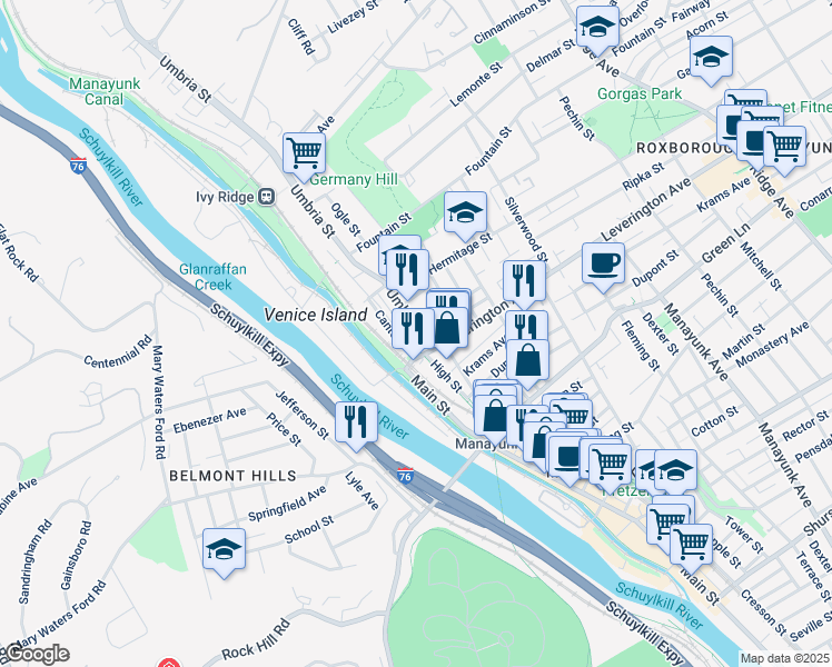 map of restaurants, bars, coffee shops, grocery stores, and more near 4630 Umbria Street in Philadelphia