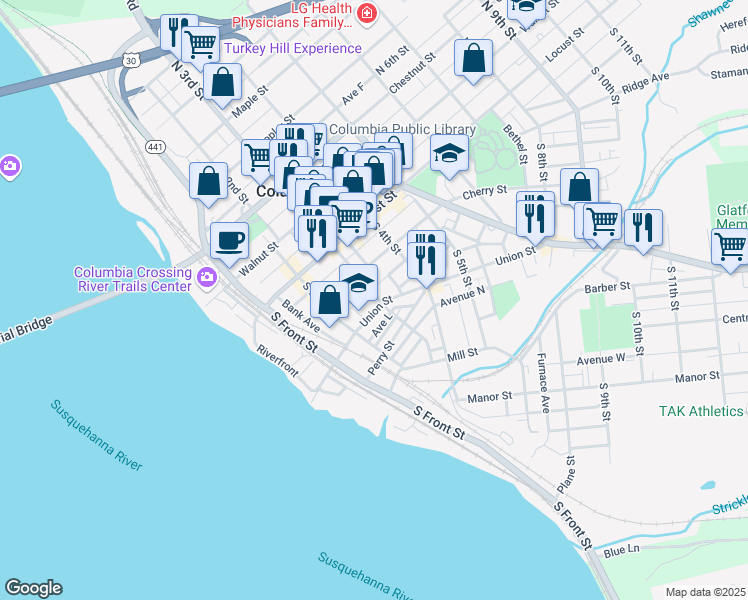 map of restaurants, bars, coffee shops, grocery stores, and more near 110 South 3rd Street in Columbia