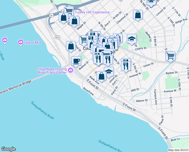 map of restaurants, bars, coffee shops, grocery stores, and more near 146 Locust Street in Columbia