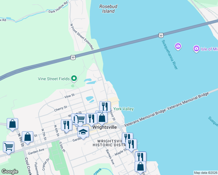 map of restaurants, bars, coffee shops, grocery stores, and more near 491 North Front Street in Wrightsville