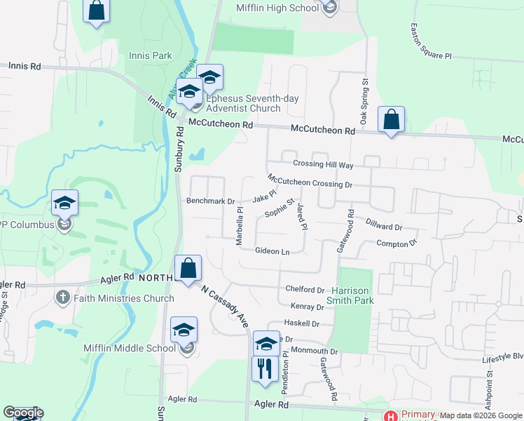 map of restaurants, bars, coffee shops, grocery stores, and more near 3137 Jake Place in Columbus