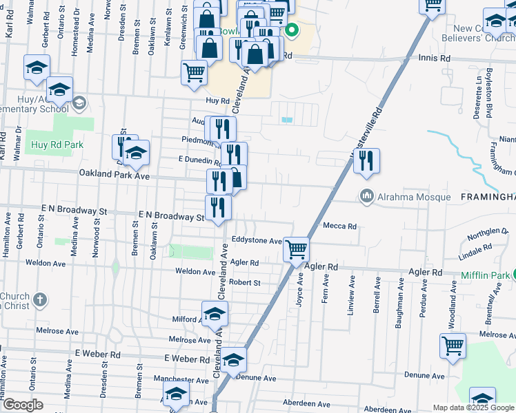 map of restaurants, bars, coffee shops, grocery stores, and more near 1911 Oakland Park Avenue in Columbus