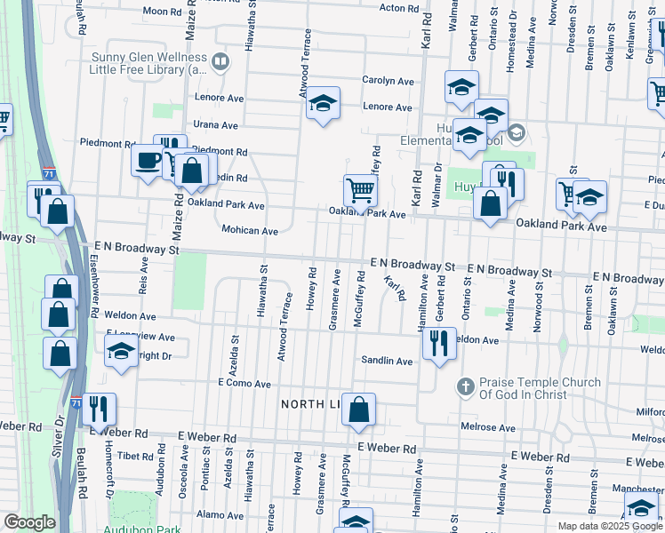 map of restaurants, bars, coffee shops, grocery stores, and more near 3156 Grasmere Avenue in Columbus