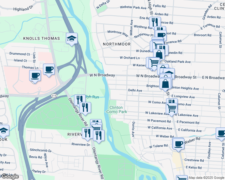 map of restaurants, bars, coffee shops, grocery stores, and more near 281 Brighton Road in Columbus