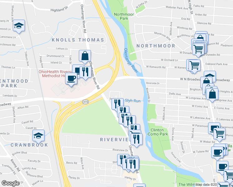 map of restaurants, bars, coffee shops, grocery stores, and more near 3440 Olentangy River Road in Columbus