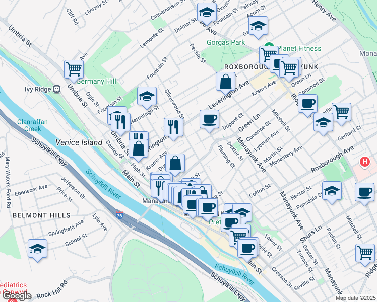 map of restaurants, bars, coffee shops, grocery stores, and more near 223 Dupont Street in Philadelphia