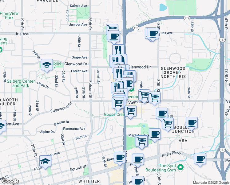 map of restaurants, bars, coffee shops, grocery stores, and more near 3101 28th Street in Boulder