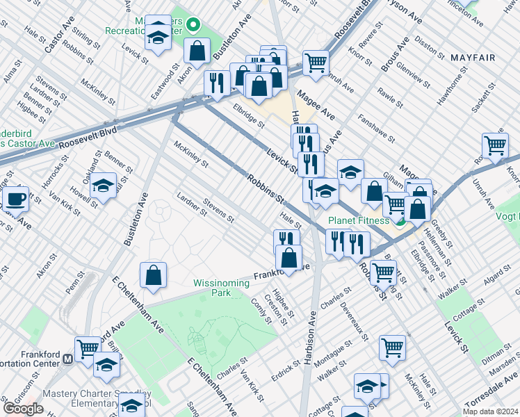 map of restaurants, bars, coffee shops, grocery stores, and more near 6221 Cardiff Street in Philadelphia