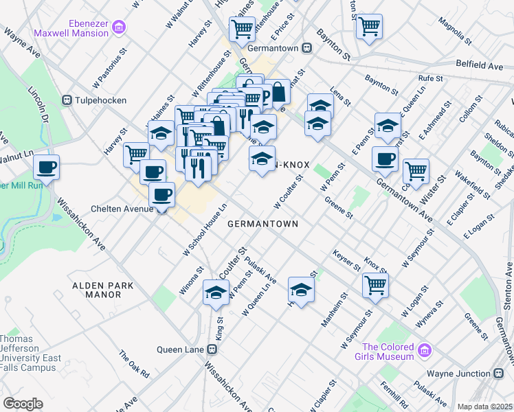map of restaurants, bars, coffee shops, grocery stores, and more near 5427 Wayne Avenue in Philadelphia