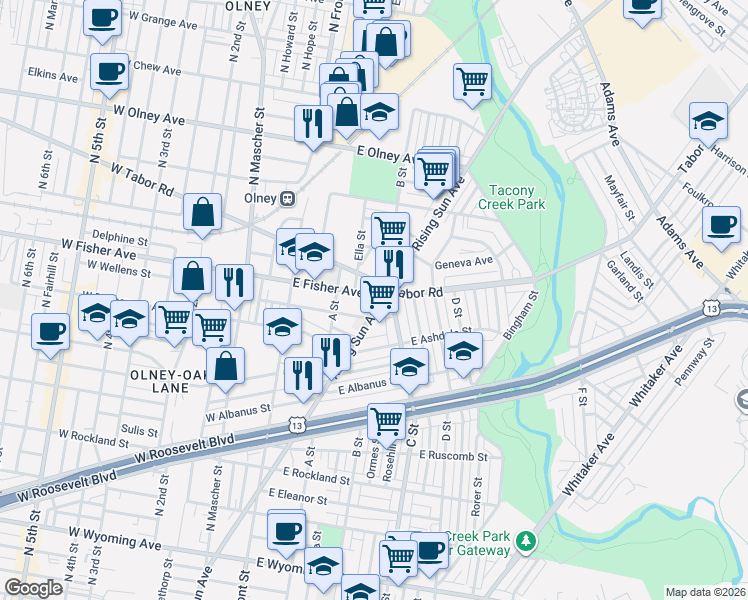 map of restaurants, bars, coffee shops, grocery stores, and more near 5302 Rising Sun Avenue in Philadelphia
