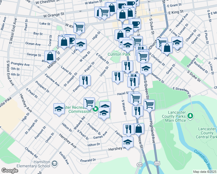 map of restaurants, bars, coffee shops, grocery stores, and more near 455 New Dorwart Street in Lancaster