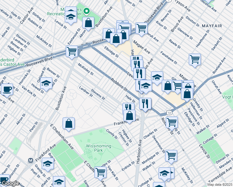 map of restaurants, bars, coffee shops, grocery stores, and more near 6221 Cardiff Street in Philadelphia