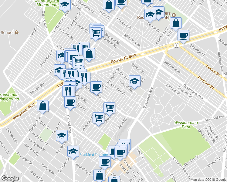 map of restaurants, bars, coffee shops, grocery stores, and more near 5857 Sylvester Street in Philadelphia