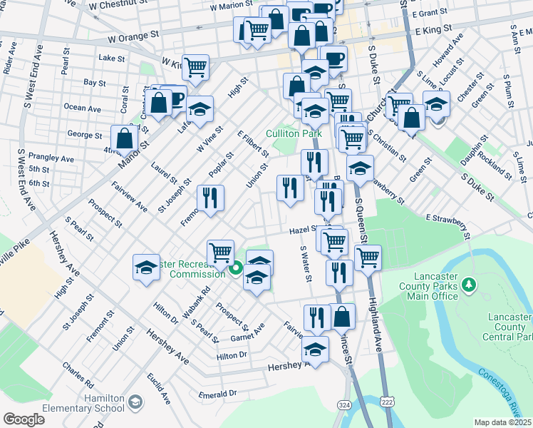 map of restaurants, bars, coffee shops, grocery stores, and more near 455 New Dorwart Street in Lancaster