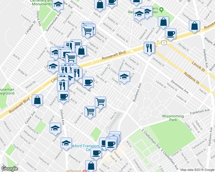 map of restaurants, bars, coffee shops, grocery stores, and more near 1536 Van Kirk Street in Philadelphia