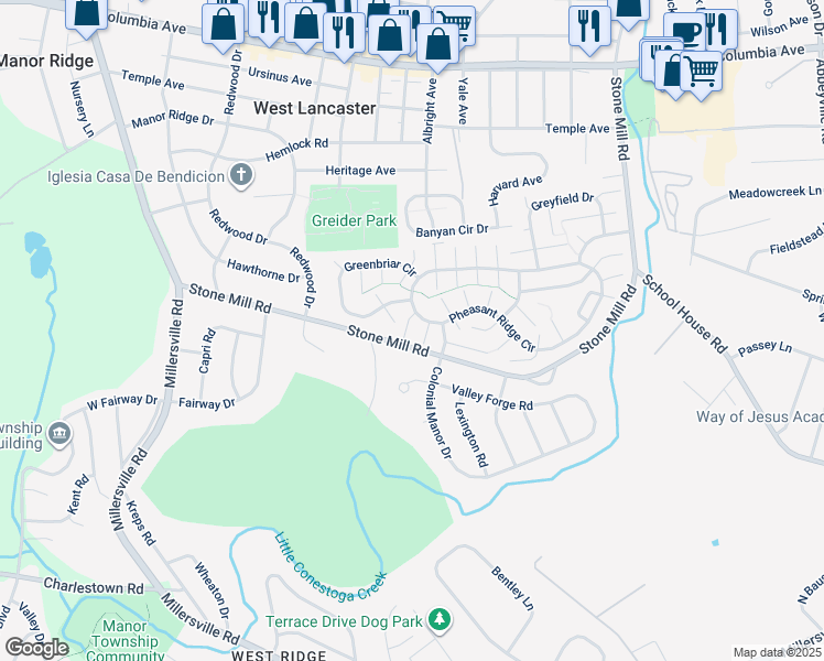 map of restaurants, bars, coffee shops, grocery stores, and more near 104 Oriole Court in Lancaster