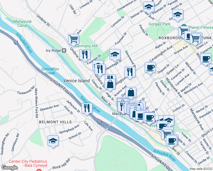 map of restaurants, bars, coffee shops, grocery stores, and more near 107 Ripka Street in Philadelphia