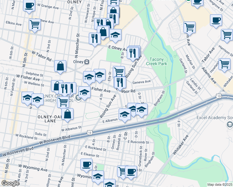 map of restaurants, bars, coffee shops, grocery stores, and more near 5277 Rising Sun Avenue in Philadelphia