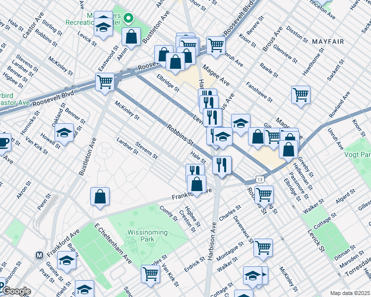 map of restaurants, bars, coffee shops, grocery stores, and more near 6243 Mershon Street in Philadelphia