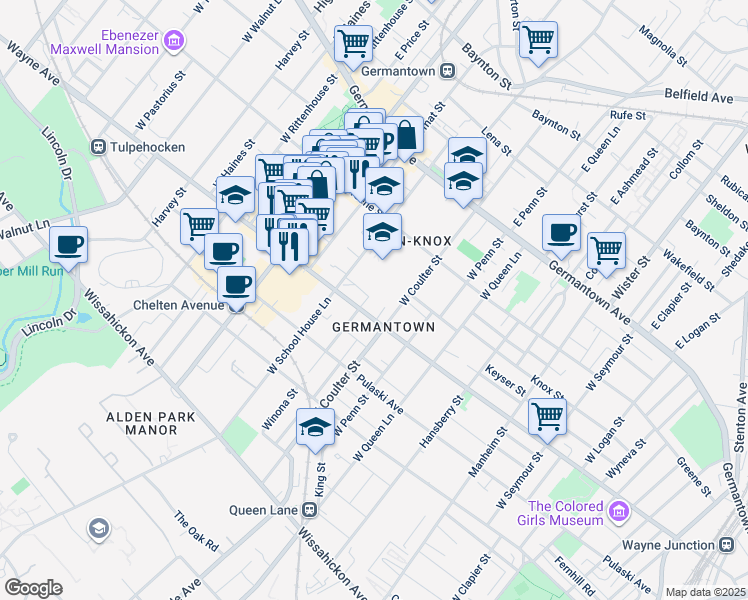 map of restaurants, bars, coffee shops, grocery stores, and more near 5427 Wayne Avenue in Philadelphia