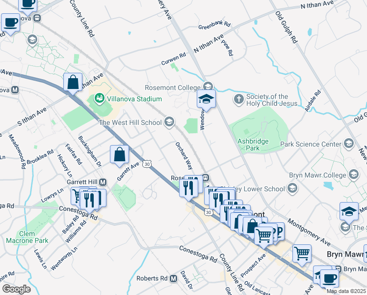 map of restaurants, bars, coffee shops, grocery stores, and more near 1431 Orchard Way in Bryn Mawr