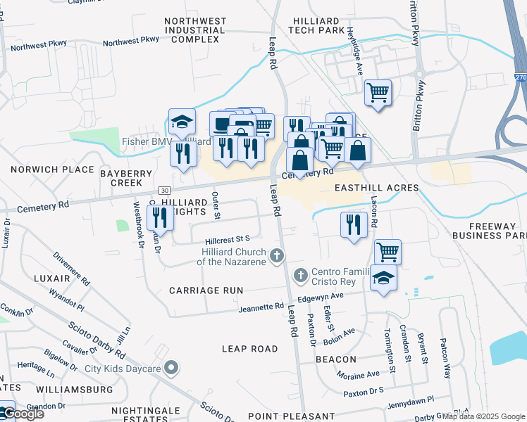 map of restaurants, bars, coffee shops, grocery stores, and more near 3822 Hillcrest Street South in Hilliard