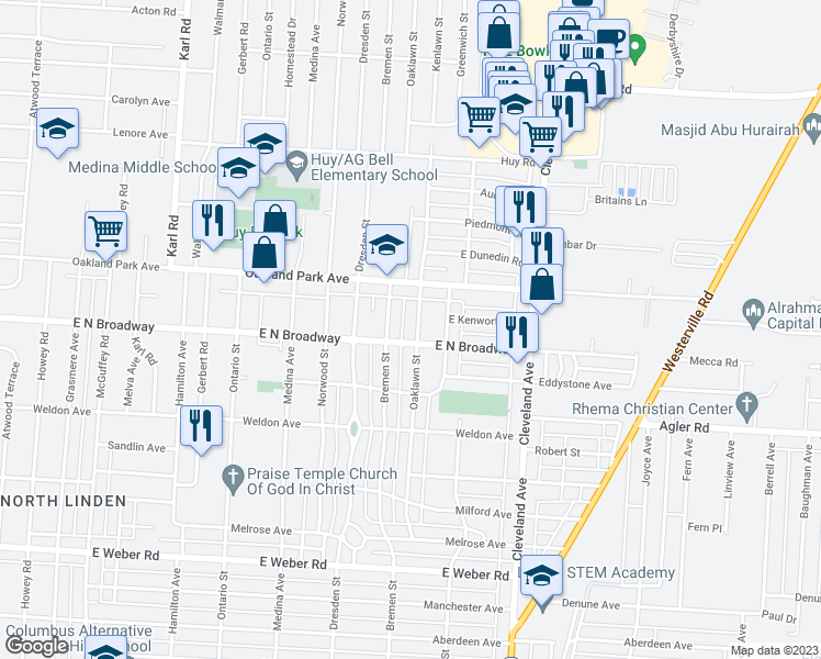 map of restaurants, bars, coffee shops, grocery stores, and more near 3087 Oaklawn Street in Columbus