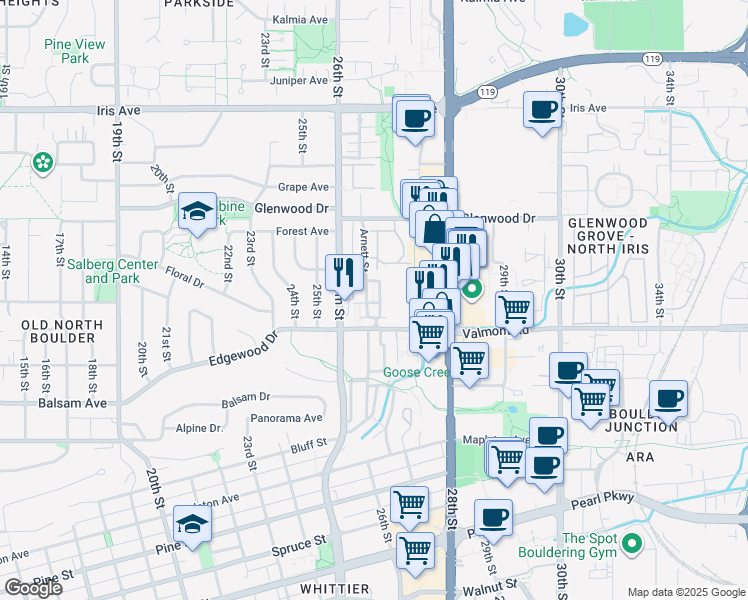 map of restaurants, bars, coffee shops, grocery stores, and more near 2637 Valmont Road in Boulder