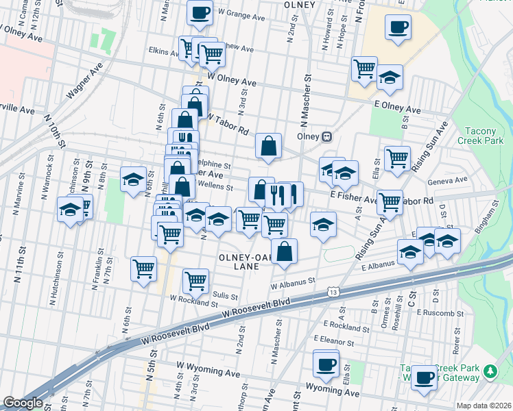 map of restaurants, bars, coffee shops, grocery stores, and more near 5229 North American Street in Philadelphia
