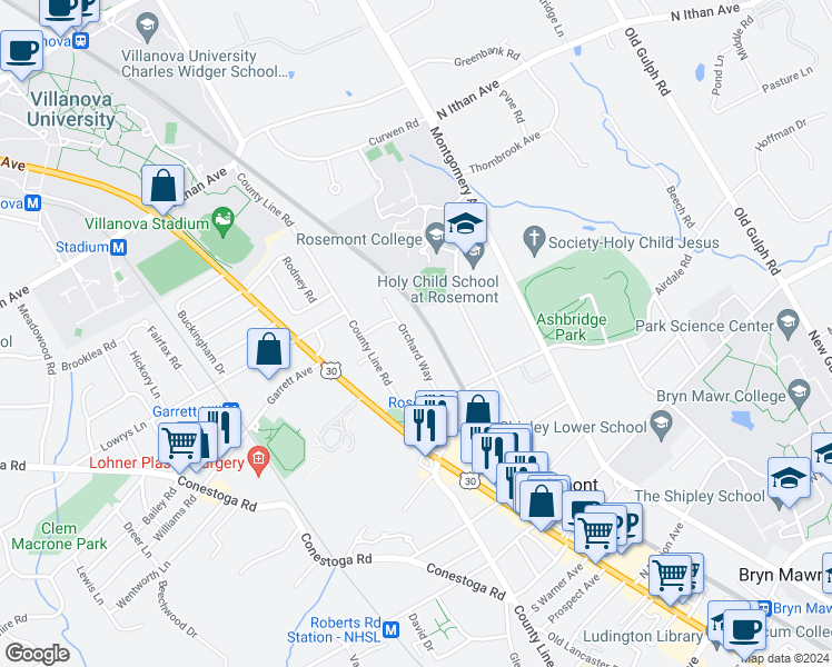 map of restaurants, bars, coffee shops, grocery stores, and more near 1431 Orchard Way in Bryn Mawr