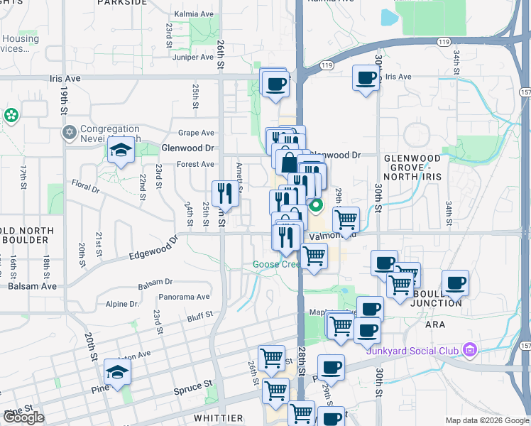 map of restaurants, bars, coffee shops, grocery stores, and more near 2707 Valmont Road in Boulder