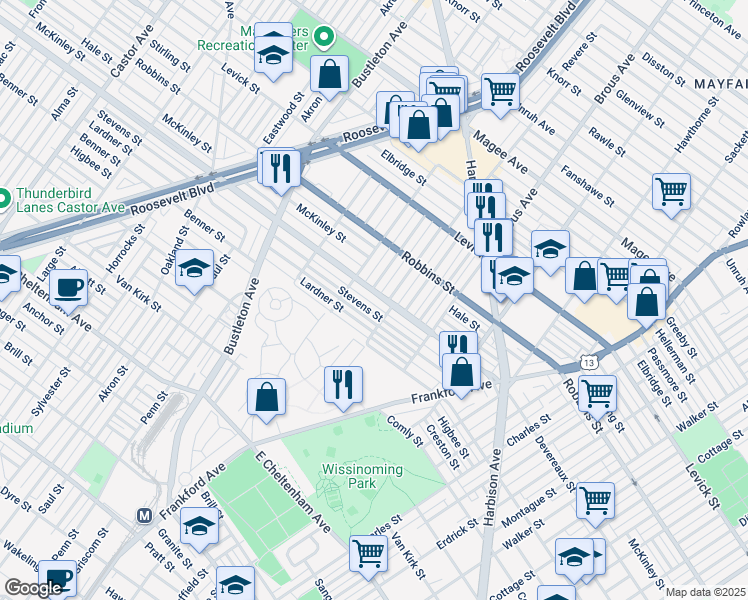map of restaurants, bars, coffee shops, grocery stores, and more near 2736 Devereaux Avenue in Philadelphia