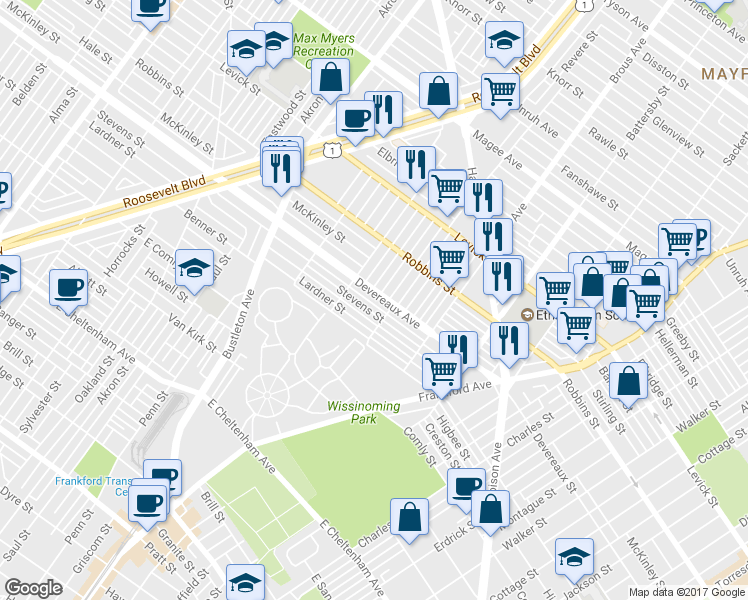map of restaurants, bars, coffee shops, grocery stores, and more near 2736 Devereaux Avenue in Philadelphia