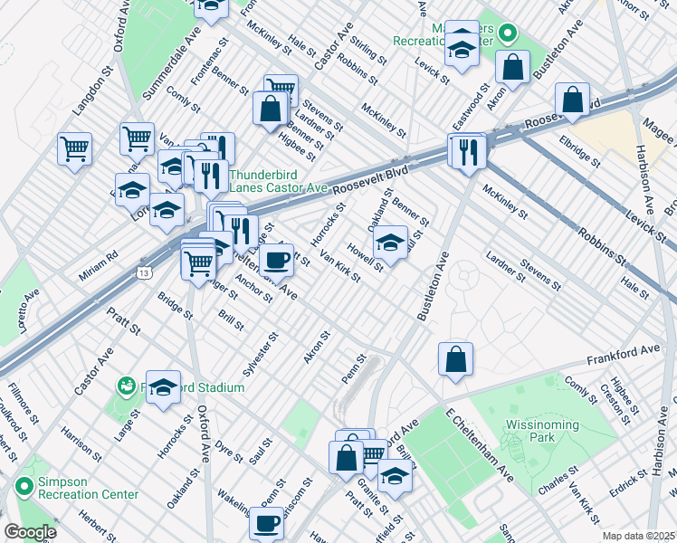 map of restaurants, bars, coffee shops, grocery stores, and more near 1536 Van Kirk Street in Philadelphia
