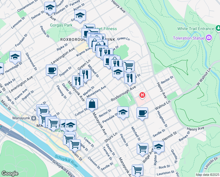 map of restaurants, bars, coffee shops, grocery stores, and more near 4341 Mitchell Street in Philadelphia