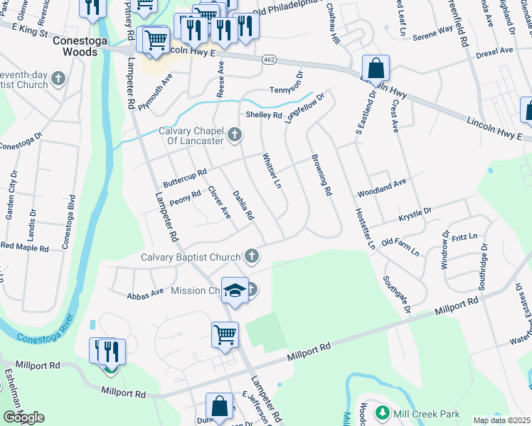 map of restaurants, bars, coffee shops, grocery stores, and more near 268 Tennyson Drive in Lancaster