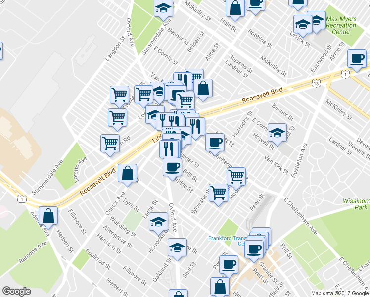 map of restaurants, bars, coffee shops, grocery stores, and more near 5417 Rutland Street in Philadelphia