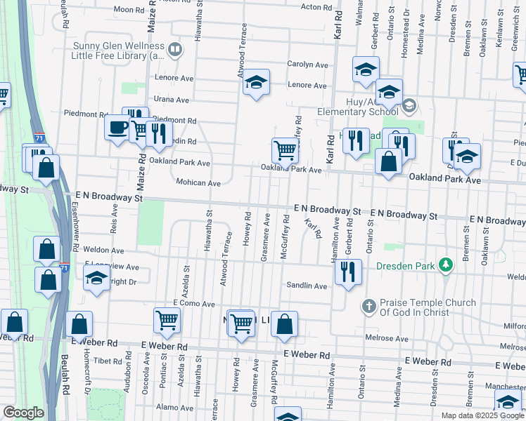 map of restaurants, bars, coffee shops, grocery stores, and more near 3156 Grasmere Avenue in Columbus