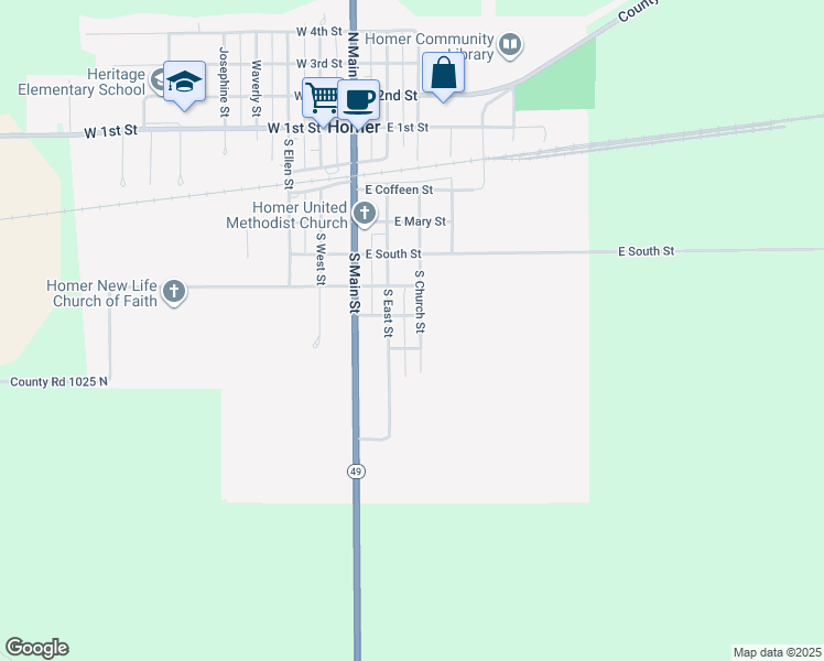 map of restaurants, bars, coffee shops, grocery stores, and more near 600 South Church Street in Homer