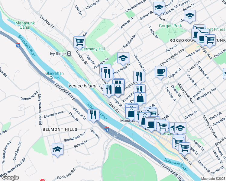 map of restaurants, bars, coffee shops, grocery stores, and more near 4625 Umbria Street in Philadelphia