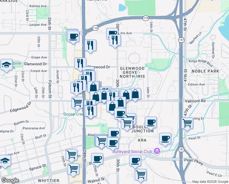 map of restaurants, bars, coffee shops, grocery stores, and more near 3065 30th Street in Boulder
