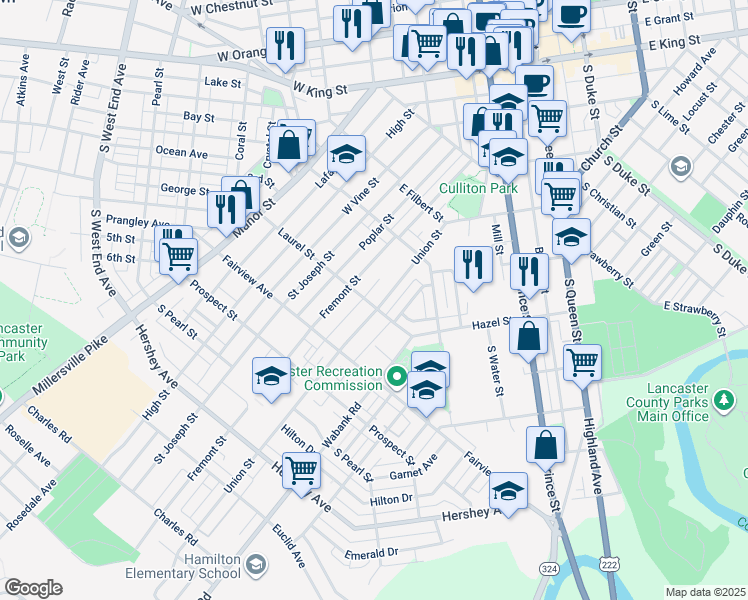 map of restaurants, bars, coffee shops, grocery stores, and more near 331 Laurel Street in Lancaster