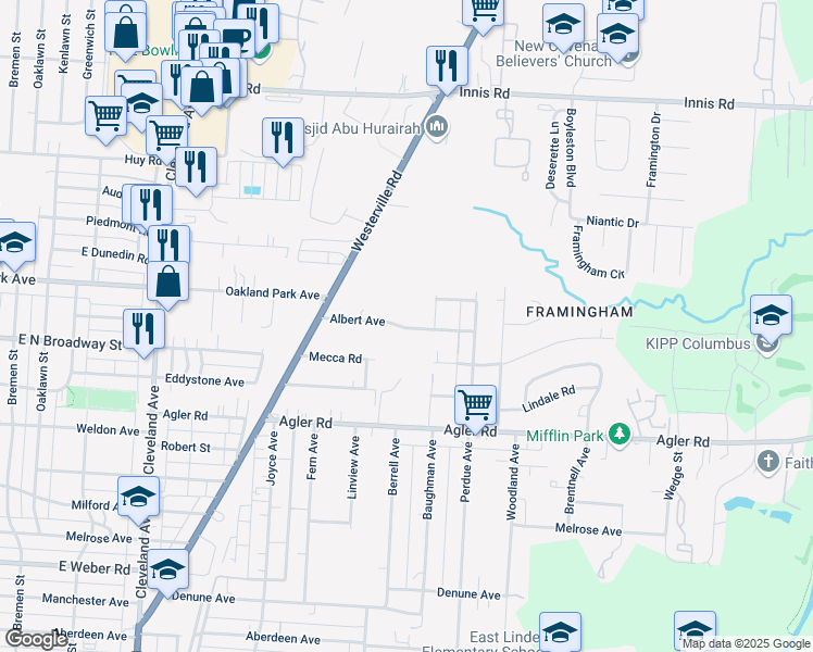 map of restaurants, bars, coffee shops, grocery stores, and more near 2198 Albert Avenue in Columbus